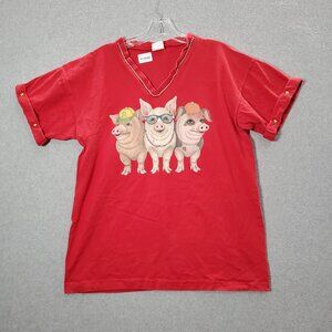 VINTAGE Wild Hogs Women Top Large Red Shirt Pig Beach‎ Vacation 90s USA